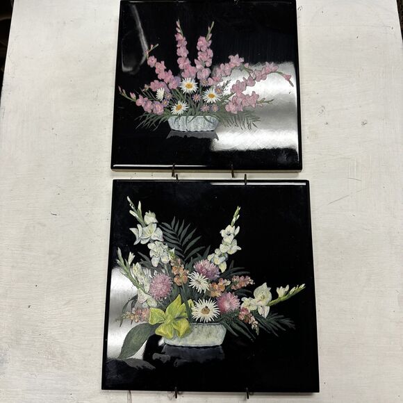 Vintage Pair Of 2 USOTCO Romany Hand Painted Black 6” Tile Floral Flowers MCM - Picture 2 of 7